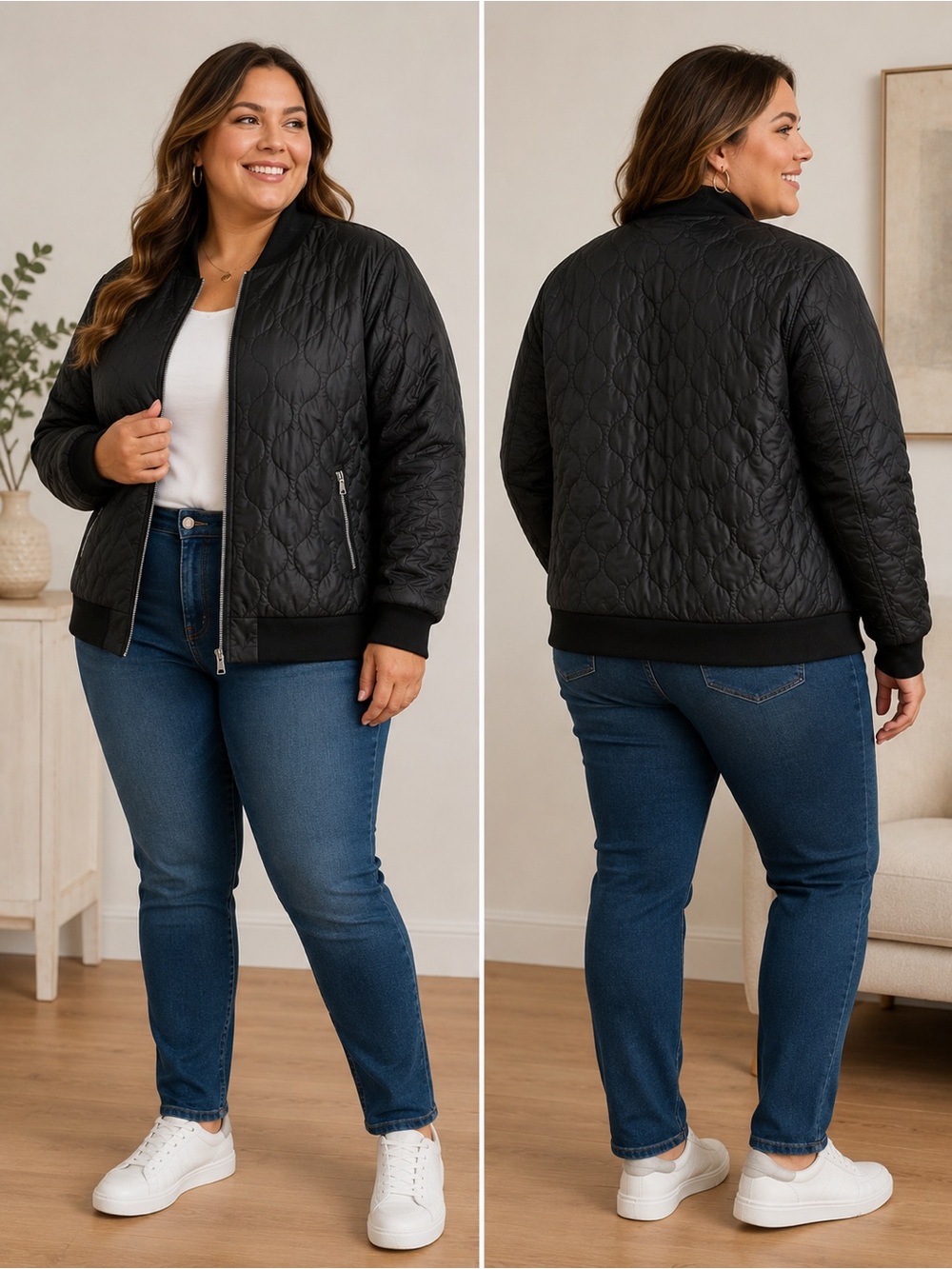 Ashro Black Quilted Full Zip Bomber Jacket with Pockets Plus Size 2X Women's